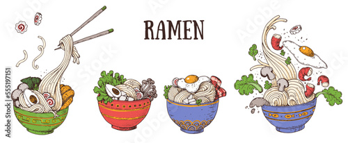 Bowl noodles and chopsticks. Noodle bowl collection. Ramen logo. Asian food. Chinese, Korean, Japanese cuisine. Logo template. Hand drawn vector illustration.