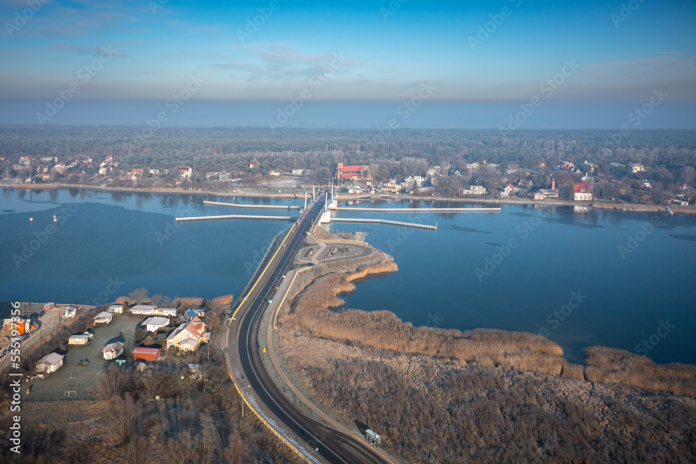 Fototapeta premium Drawbridge to Sobieszewo Island on the Martwa Wisla river at winter. Poland