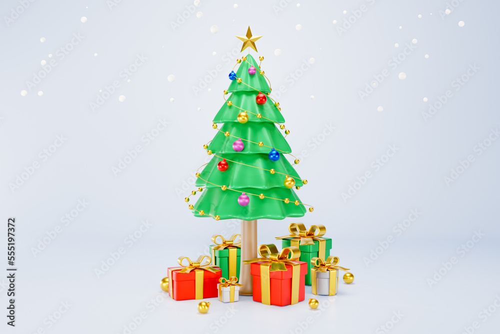 3D Rendering. Celebration concept. The magnificent Christmas tree has many decorations and gift boxes 3d. a festival of boxes of presents. Merry Christmas, Marry New Year, Xmas. on background front 3D Rendering. Celebration concept. The magnificent Christmas tree has many decorations and gift boxes 3d. a festival of boxes of presents. Merry Christmas, Marry New Year, Xmas. on background front