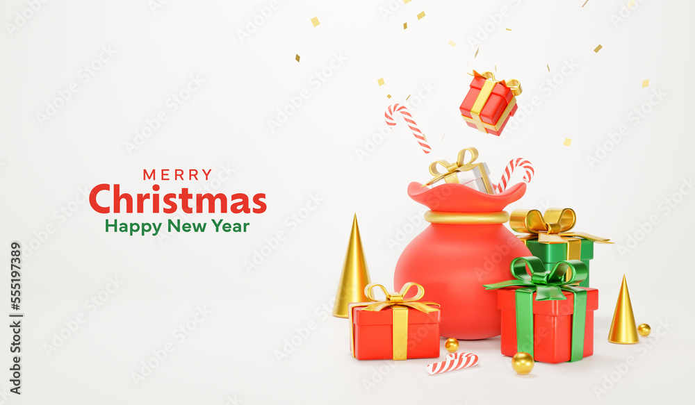 3D Rendering. Celebration concept. Gift bags and gift boxes of various colors 3d. Decorated with gold beads, gold cone, candy, and diamond glitter. Merry Christmas, Marry New Year, Xmas. horizontal