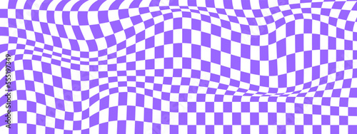 Checkered optical illusion. Distorted chessboard with purple and white squares. Psychedelic pattern. Warped checkerboard texture. Trippy background