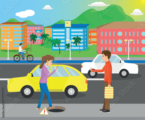 addiction, background, building, cell phone, city, fall, female, girl, hurt, mishap, mud, people, sacrificing, shit, street, student, woman, young
