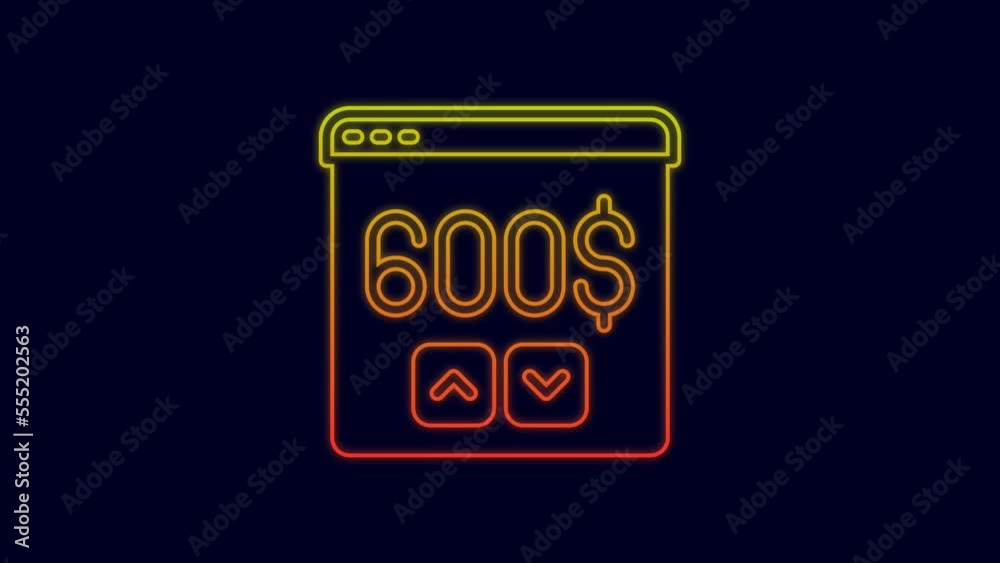 Glowing neon line Monitor with dollar icon isolated on blue background. Sending money around the world, money transfer, online banking, financial transaction. 4K Video motion graphic animation Glowing neon line Monitor with dollar icon isolated on blue background. Sending money around the world, money transfer, online banking, financial transaction. 4K Video motion graphic animation