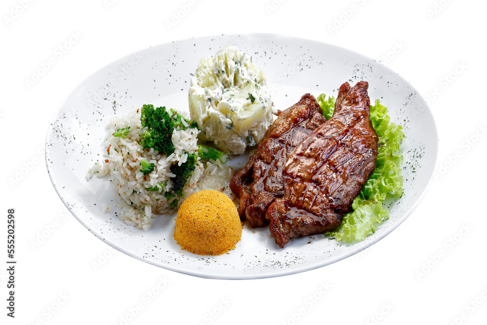 Beef steak with potatoes and rice in isolated white background Beef steak with potatoes and rice in isolated white background
