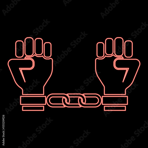 Neon handcuffed hands Chained human arms Prisoner concept Manacles on man Detention idea Fetters confine Shackles on person icon black color vector illustration flat style image red color vector 