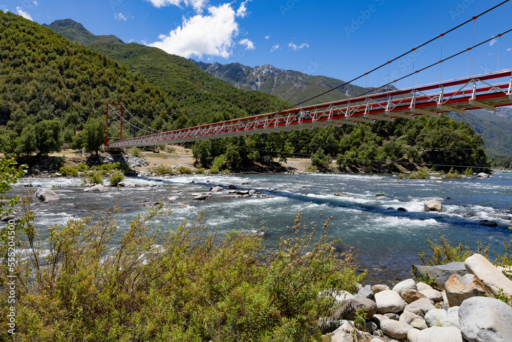Pasarela Veguillas bridge over the Nuble River at San Fabian de Alico in Maule, Chile 