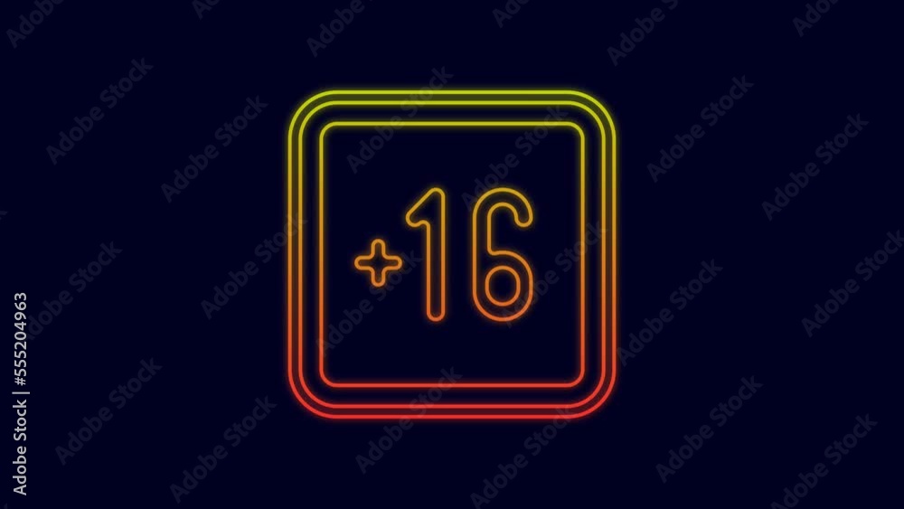 Glowing neon line Plus 16 movie icon isolated on blue background. Adult content. Sixteen plus icon. Censored business concept. 4K Video motion graphic animation