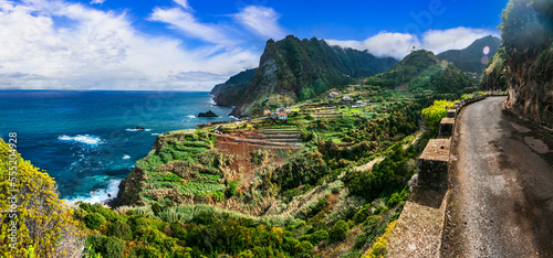 Madeira island, incredible beauty nature scenery. Viewpoint (Miradouro) of Sao Cristovao with impressive rock. Boaventura , northern part of the island. Portugal travel photo