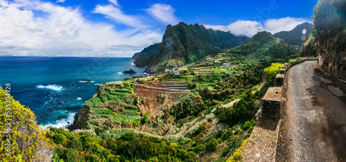 Madeira island, incredible beauty nature scenery. Viewpoint (Miradouro) of Sao Cristovao with impressive rock. Boaventura , northern part of the island. Portugal travel