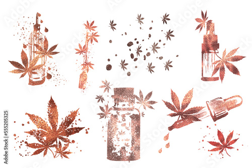 Hemp as a health plant. Hand drawn design. Different glass bottles with CBD oil, hemp oil and hemp seeds. Cosmetics CBD oil for health.