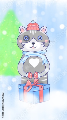 Christmas cartoon cat character. Hand drawn cute concept illustration. Cat on a Christmas winter background with a Christmas gift. Children's illustration for postcard, packaging. Soft colors.