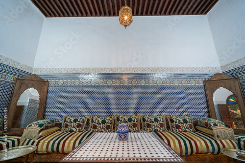 arabian, arabic, architecture, background, bright, ceramic, colorful, couch, culture, decoration, design, empty, fes, fez, floor, furniture, geometric, guest house, house, indoor, interior, large, lif