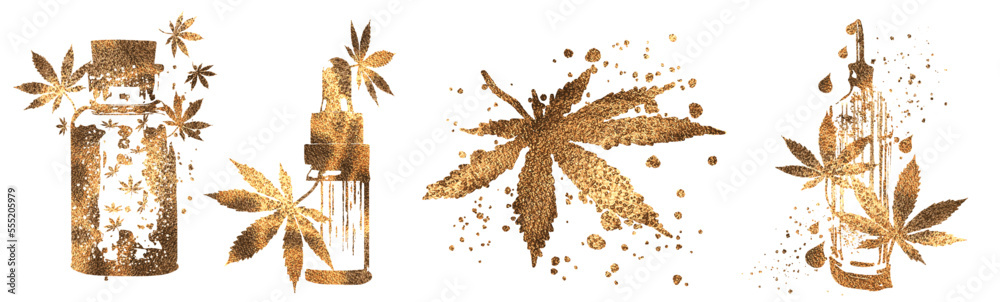 Hemp as a health plant. Hand drawn design. Different glass bottles with CBD oil, hemp oil and hemp seeds. Cosmetics CBD oil for health. Hemp as a health plant. Hand drawn design. Different glass bottles with CBD oil, hemp oil and hemp seeds. Cosmetics CBD oil for health.