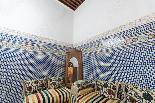 arabian, arabic, architecture, background, bright, ceramic, colorful, couch, culture, decoration, design, empty, fes, fez, floor, furniture, geometric, guest house, house, indoor, interior, large, lif