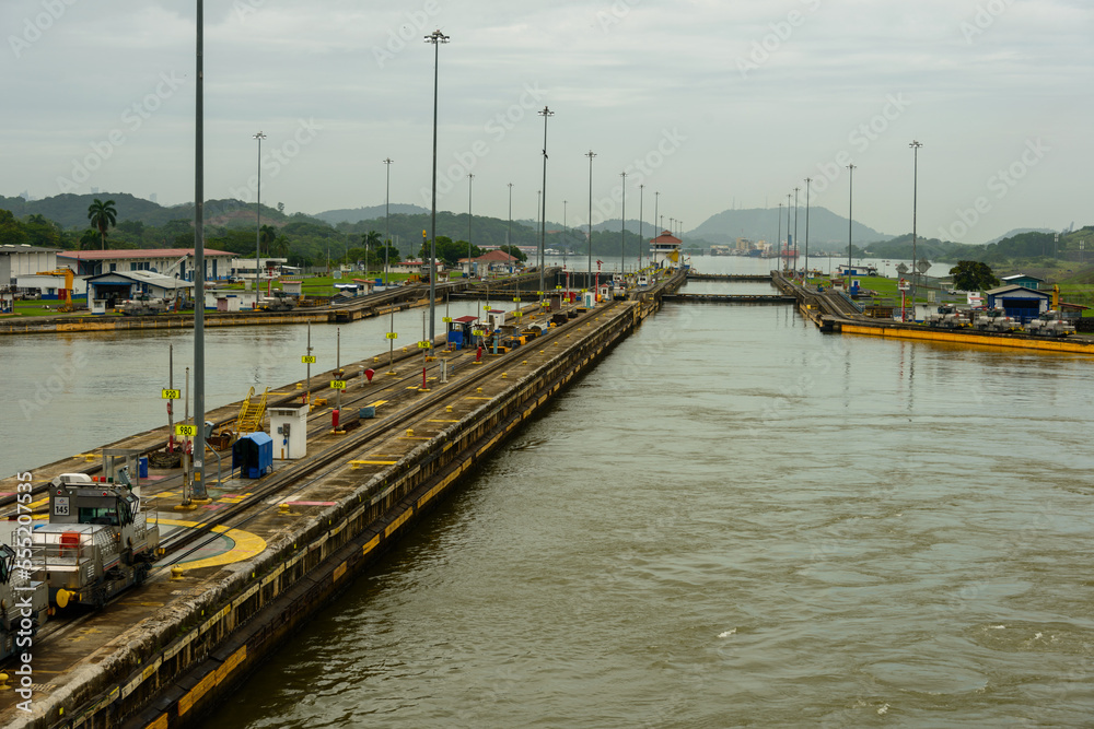Inside the Pedro Miguel locks on the Panama canal, grey sky