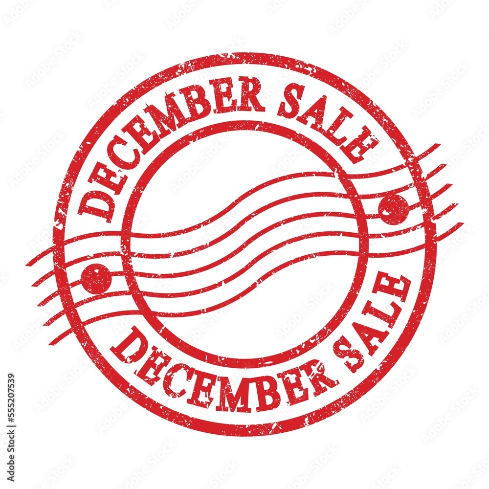 DECEMBER SALE, text written on red postal stamp. DECEMBER SALE, text written on red postal stamp.