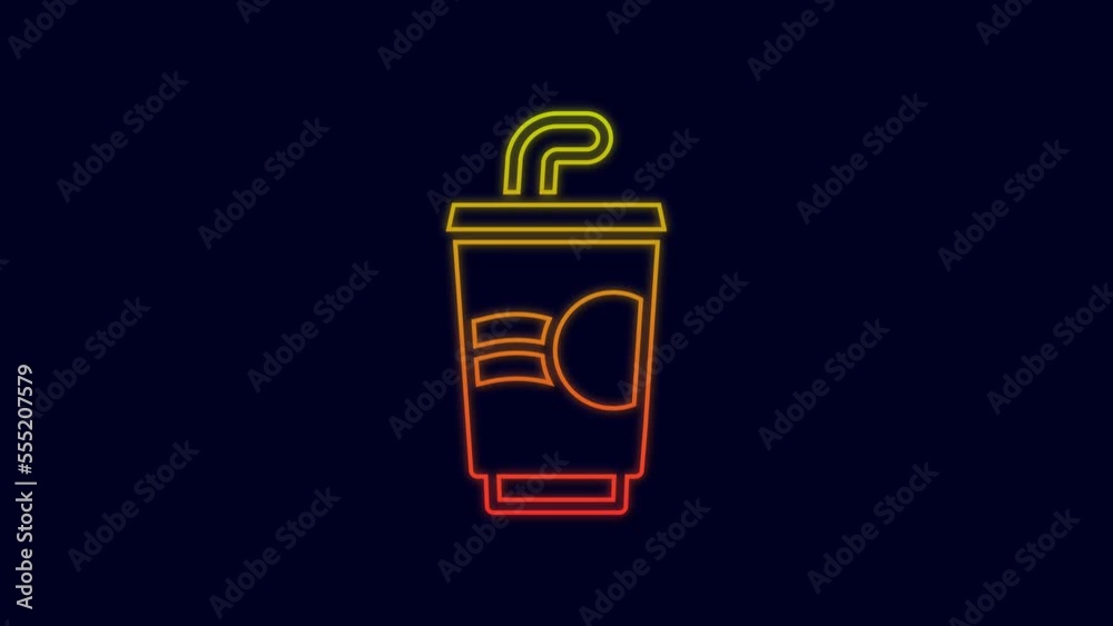 Glowing neon line Paper glass with drinking straw and water icon isolated on blue background. Soda drink glass. Fresh cold beverage symbol. 4K Video motion graphic animation Glowing neon line Paper glass with drinking straw and water icon isolated on blue background. Soda drink glass. Fresh cold beverage symbol. 4K Video motion graphic animation