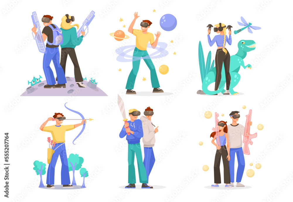 People Characters in Augmented Reality Glasses Vector Illustration Set