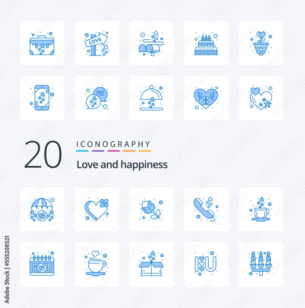 20 Love Blue Color icon Pack like coffee love heart communication gift
