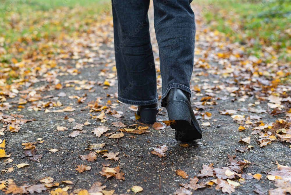 View of female legs in black boots and jeans walking through the autumn park.