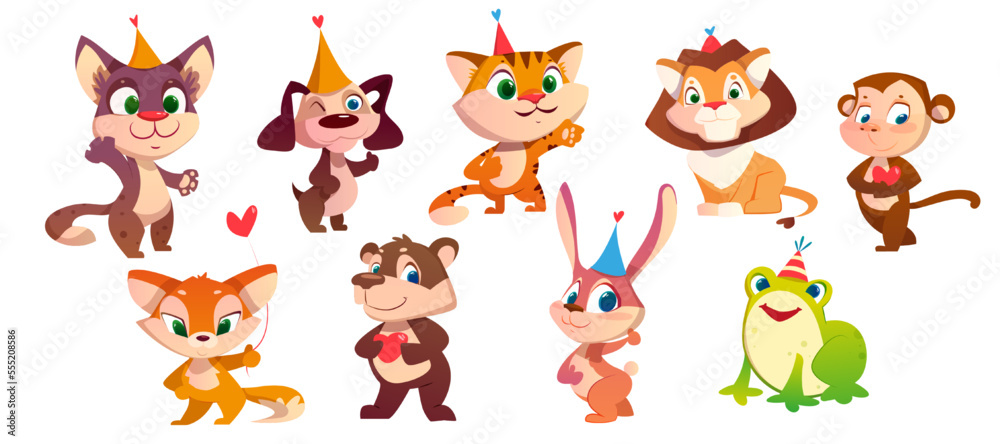 Cute Animals Greeting with Birthday in Hat with Heart Vector Set Cute Animals Greeting with Birthday in Hat with Heart Vector Set