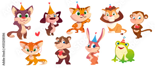 Cute Animals Greeting with Birthday in Hat with Heart Vector Set