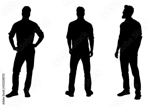 view of a man from front, profile and back with plaid shirt
