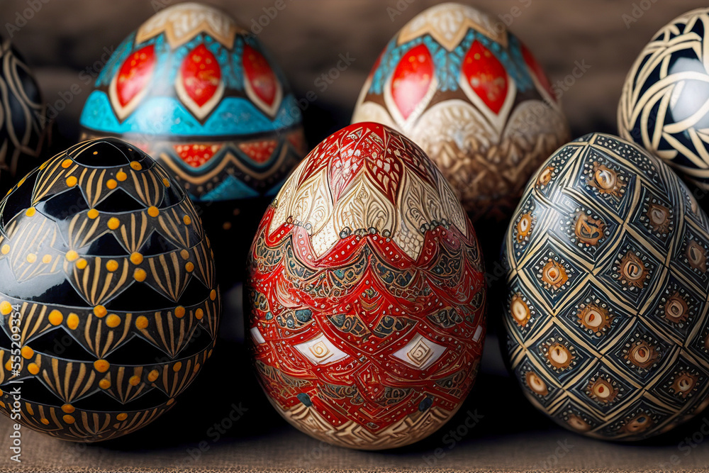 Easter eggs colored and painted with different shapes and colors, close up Easter eggs colored and painted with different shapes and colors, close up