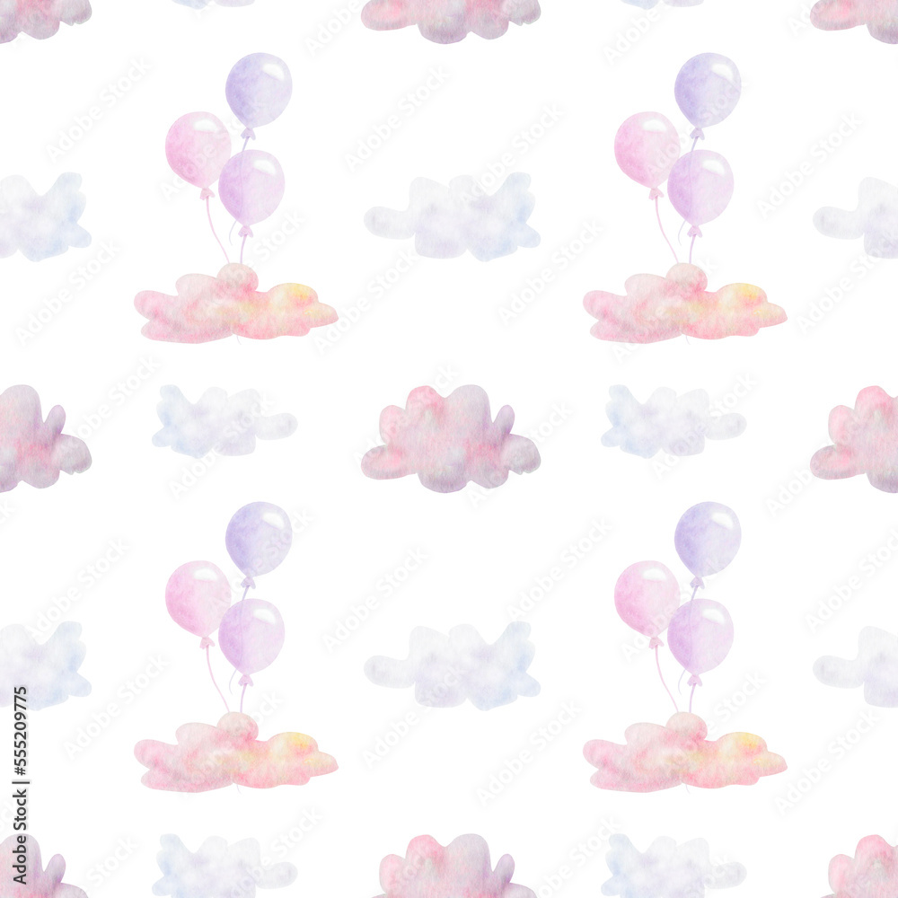 Watercolor seamless pattern. Hand painted illustration of air balloons and clouds in purple, blue, pink, yellow colors. Sky with clouds. Print on white background for fabric textile, packaging