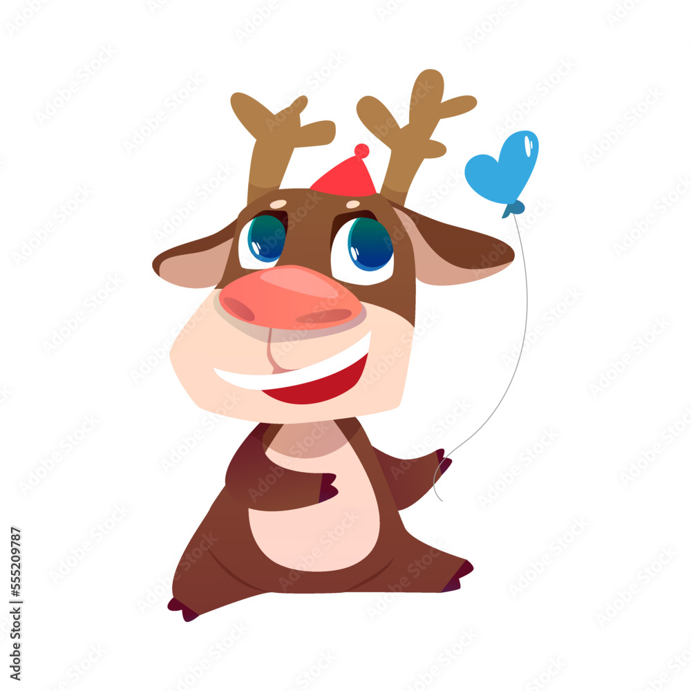 Naklejka premium Cute Reindeer Greeting with Birthday in Hat with Heart Balloon Vector Illustration