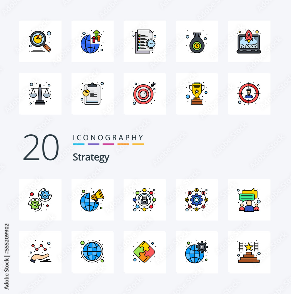 20 Strategy Line Filled Color icon Pack like meeting chat email working configuration