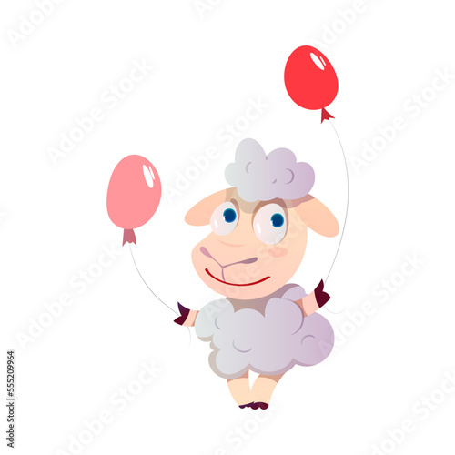 Cute Wooly Sheep Greeting with Birthday Holding Balloons Vector Illustration