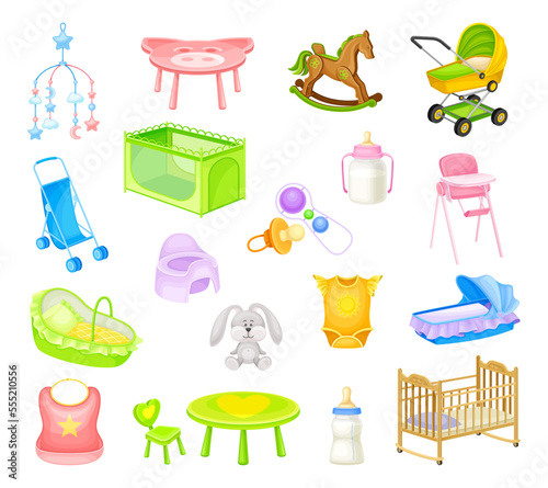 Baby Room Objects with Furniture and Toys Vector Set