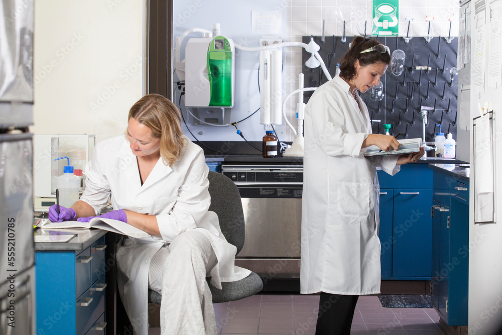 Two laboratory scientists recording chemical analysis data in a laboratory Two laboratory scientists recording chemical analysis data in a laboratory