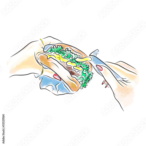 Eating a hamburger with sauce, hands with long nails, street food