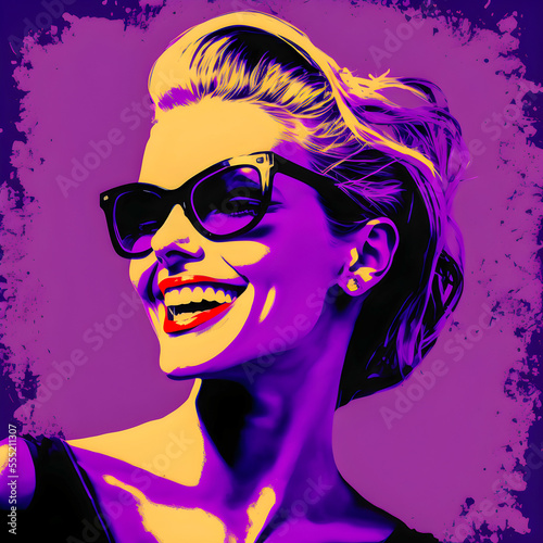 Beautiful, woman, purple background, head only, happy, smile, black sunglasses, pop art style.