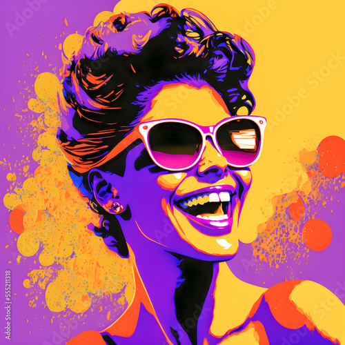 Beautiful, woman, purple background, head only, happy, smile, black sunglasses, pop art style.