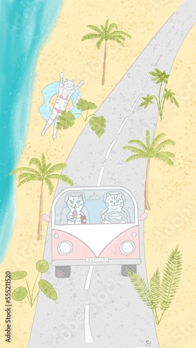 Cats cartoon character. Funny hand drawn pets illustration. Cats travel by car. Travel summer concept. Exotic beach, sea, ocean, vacation, paradise. Cats girlfriend and boyfriend on summer vacation.