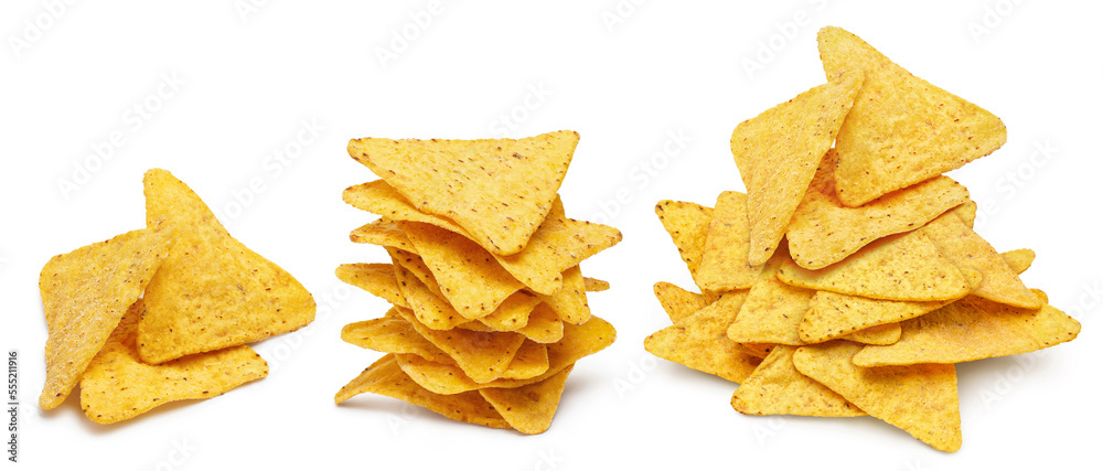 Delicious nachos chips collection, isolated on white background Delicious nachos chips collection, isolated on white background