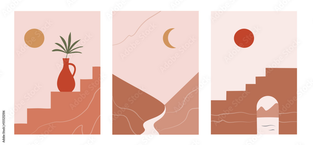Minimalistic landscape poster set in aesthetic flat style. Perfect for wall art in the style of mid century modern
