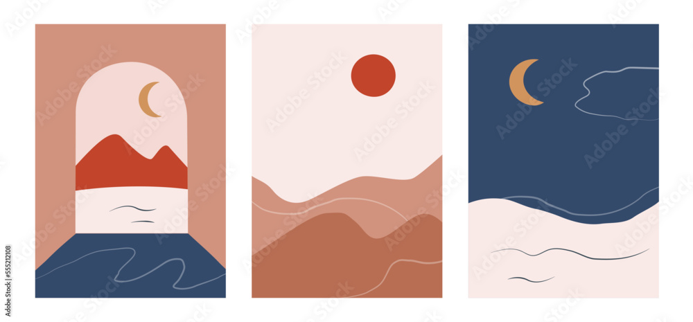 Minimalistic nature landscape poster set in aesthetic flat style. Perfect for wall art in the style of mid century modern Minimalistic nature landscape poster set in aesthetic flat style. Perfect for wall art in the style of mid century modern