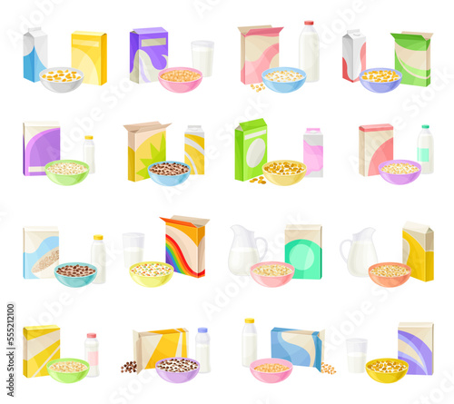 Bowl of Breakfast Cereal with Milk and Carton Package Big Vector Set