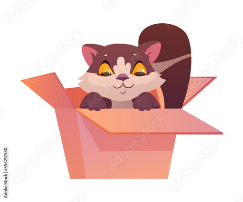 Funny Cat with Cute Snout as Domestic Pet Sitting in Cardboard Box Vector Illustration
