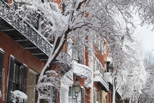 Buildings on Pinckney Street after a blizzard in Boston, Suffolk County, Massachusetts, USA photo