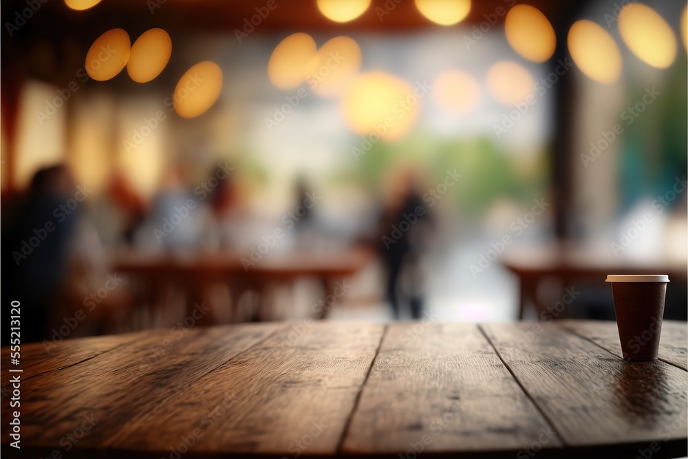 Selected focus empty brown wooden table and Coffee shop or restaurant blur background with bokeh image. for your photo montage or product display. Generative AI