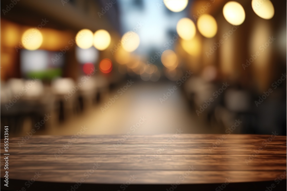 Selected focus empty brown wooden table and Coffee shop or restaurant blur background with bokeh image. for your photo montage or product display. Generative AI Selected focus empty brown wooden table and Coffee shop or restaurant blur background with bokeh image. for your photo montage or product display. Generative AI