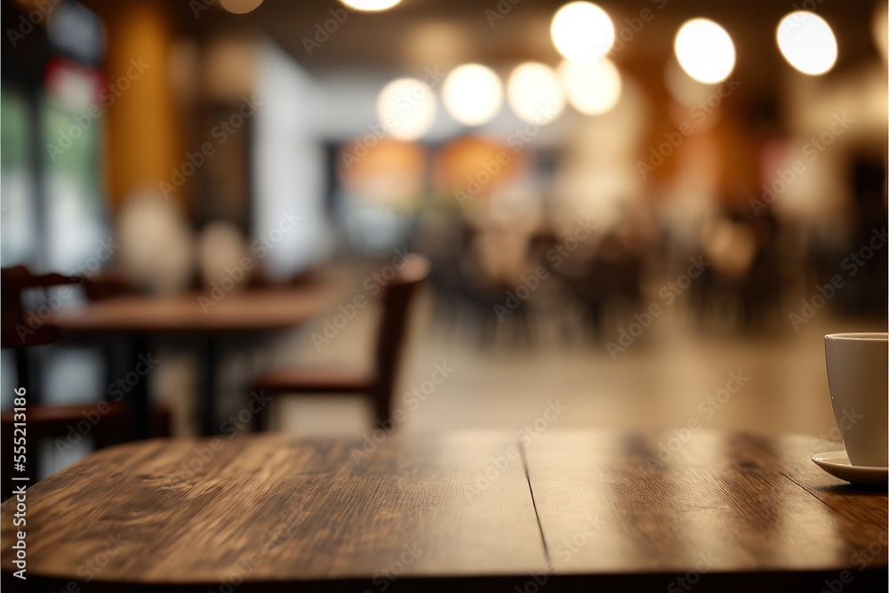 Selected focus empty brown wooden table and Coffee shop or restaurant blur background with bokeh image. for your photo montage or product display. Generative AI Selected focus empty brown wooden table and Coffee shop or restaurant blur background with bokeh image. for your photo montage or product display. Generative AI