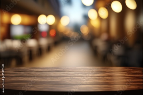 Selected focus empty brown wooden table and Coffee shop or restaurant blur background with bokeh image. for your photo montage or product display. Generative AI