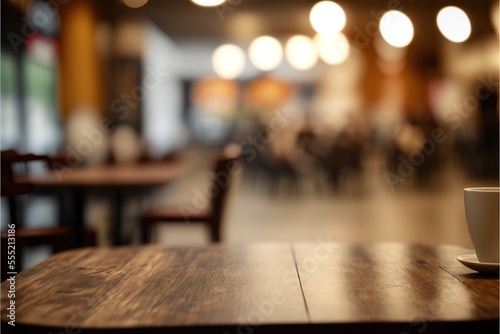 Selected focus empty brown wooden table and Coffee shop or restaurant blur background with bokeh image. for your photo montage or product display. Generative AI © Create image