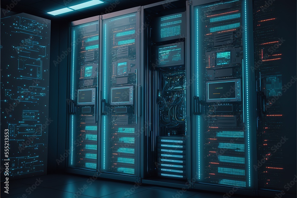 Server room data center. Backup, mining, hosting, mainframe, farm and computer rack with storage information. Generative AI Server room data center. Backup, mining, hosting, mainframe, farm and computer rack with storage information. Generative AI